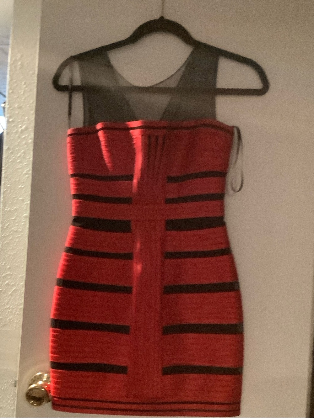 BCBGMaxAzria Red and Black Sleeveless Bodycon Dress with Mesh Yoke